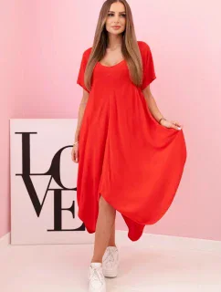 Dámské viskózové šaty s krátkým rukávem a rozšířeným lemem červený