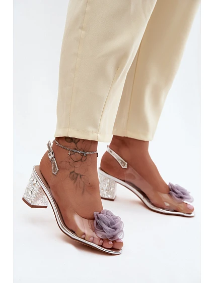 Průhledné sandály na vysokém podpatku s krystaly síťová růže D&A MR61-9011 stříbrné