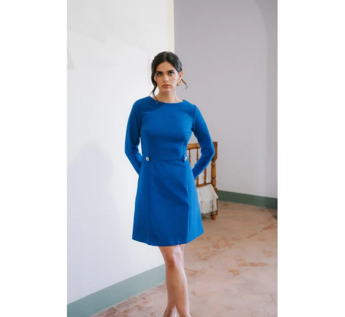 S419 Šaty s ozdobnými knoflíky v pase - královská modř