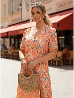 Dámské midi šaty s květinovým vzorem oranžové FashionStreet EY2657 Dámské midi šaty s květinovým vzorem oranžové FashionStreet EY2657