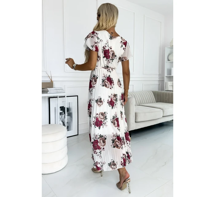 Plisované midi šaty s výstřihem a volánky ecru + vínové květy model 21097879 - numoco basic