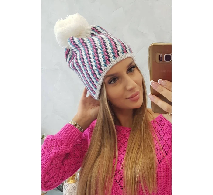 Dámská čepice s bambulí Hanna K328 bílá+džíny