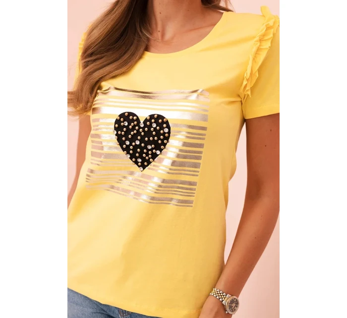 Dámská bavlněná blůza s volánkem a srdcem z kamínků žlutá Dámská bavlněná blůza s volánkem a srdcem z kamínků žlutá