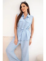 Dámský komplet s vázanou halenkou a širokými kalhotami modrý