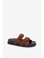 Dámské pantofle s pásky a zlatým sponou Hnědé model 21954730 - Boto