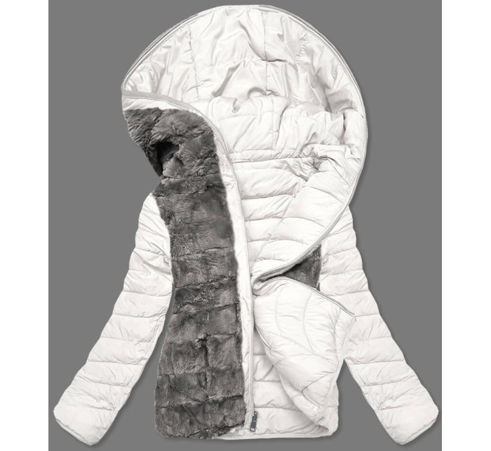 Krátká smetanovo-šedá oboustranná dámská zimní bunda (2M-21507)
