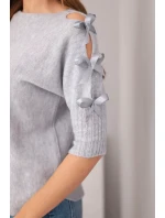 Dámský svetr s krátkým rukávem a ozdobnými mašličkami šedý
