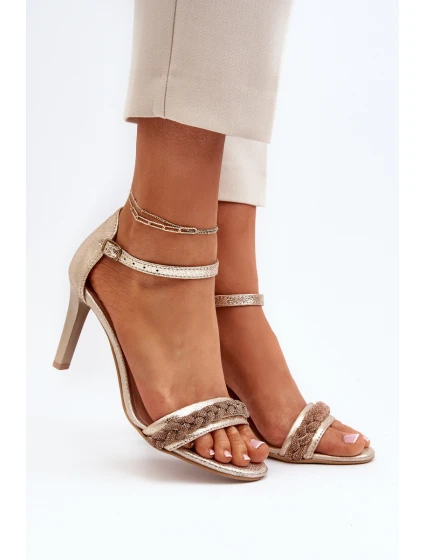 model 21652356 Dámské Kožené Sandály Na Podpatku Zlaté - Zazoo
