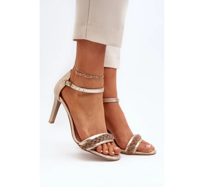 model 21652356 Dámské Kožené Sandály Na Podpatku Zlaté - Zazoo