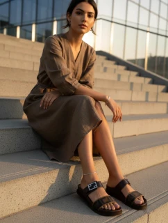 Dámské pantofle s zlatým sponou hnědé model 21898353 - Boto