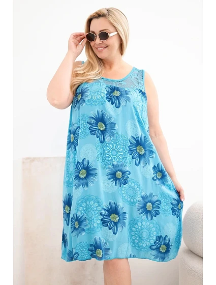 Dámské šaty Plus Size z viskózy s květinovým vzorem a krajkovým výstřihem tyrkysová Dámské šaty Plus Size z viskózy s květinovým vzorem a krajkovým výstřihem tyrkysová