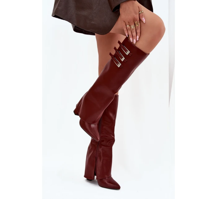 Dámské Kozačky Na Podpatku  Pásky S Přezkami Bordové model 21704830 - Boto