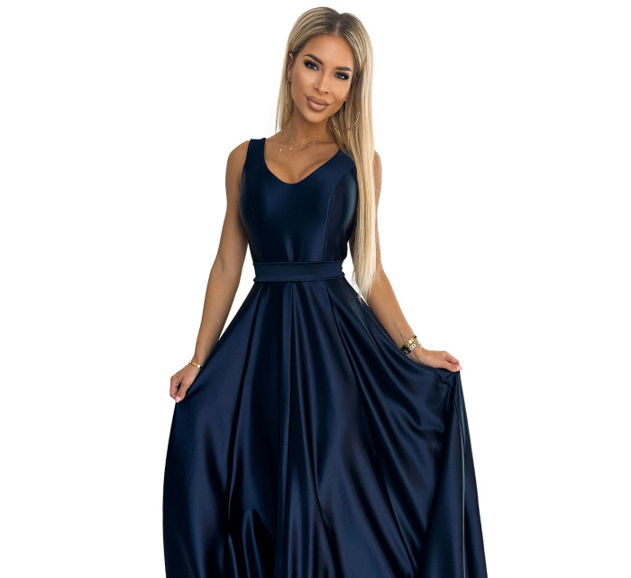 CINDY - Tmavě modré dlouhé dámské saténové šaty s výstřihem a mašlí 508-1