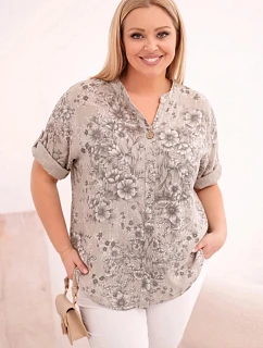 Dámská bavlněná halenka Plus Size s krátkým rukávem a ozdobným knoflíkem tmavě béžová
