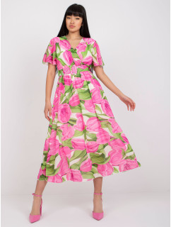 Růžové a zelené květované šaty s psaníčkovým výstřihem