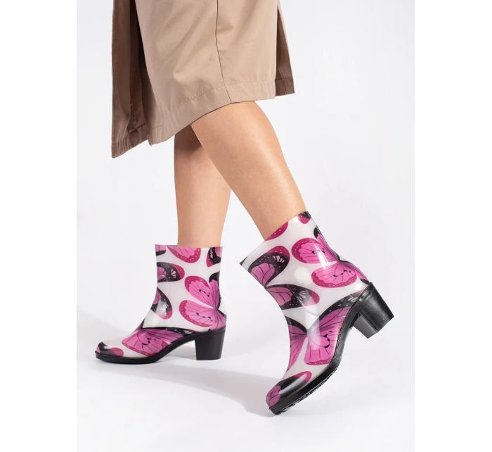 Pěkné Biało-różowy gumáky dámské na širokém podpatku Pěkné Biało-różowy gumáky dámské na širokém podpatku