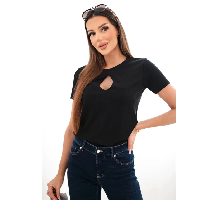 Dámská viskózová žebrovaná halenka s ozdobným výstřihem u model 22025276 černá - K-Fashion