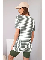 Dámský viskózový pruhovaný komplet s krátkým rukávem a kraťasy khaki
