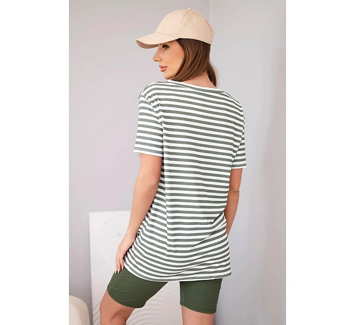 Dámský viskózový pruhovaný komplet s krátkým rukávem a kraťasy khaki