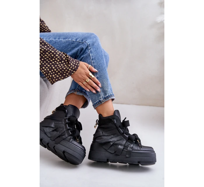 Kožené Dámské Sneakersy Na Masivní Platformě model 21673898 Černé - CheBello