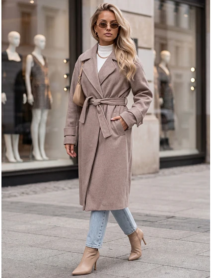 Dlouhý dámský kabát s vázáním v pase, Fango FashionStreet NY0810 Dlouhý dámský kabát s vázáním v pase, Fango FashionStreet NY0810