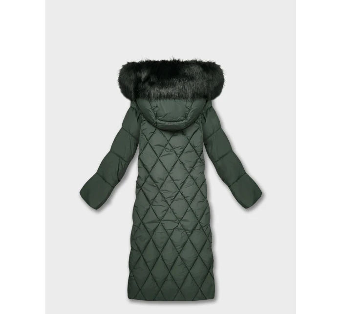 Dlouhá dámská zimní bunda v lahvově zelené barvě s kapucí (7688BIG)