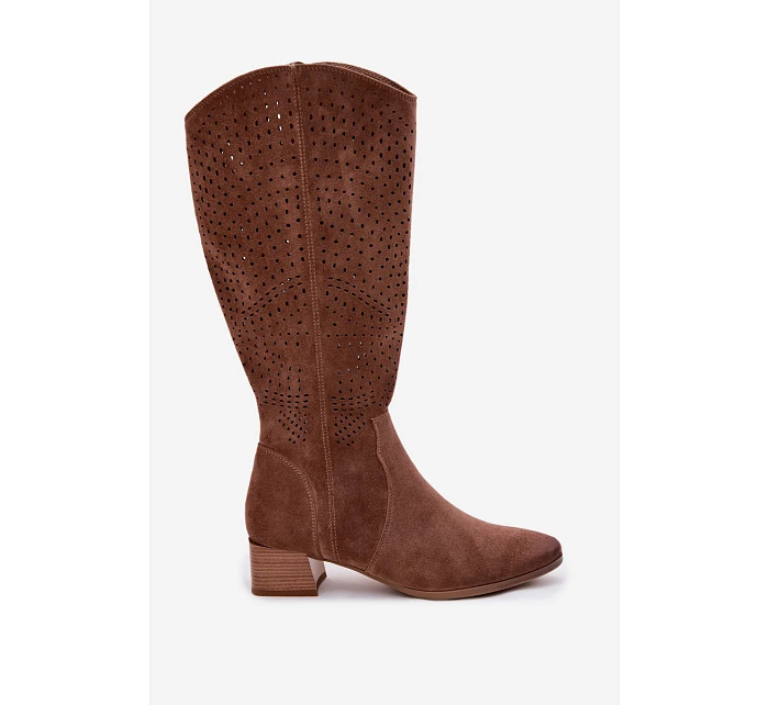 Dámské perforované kozačky na nízkém podpatku Vinceza 58637 světle hnědé