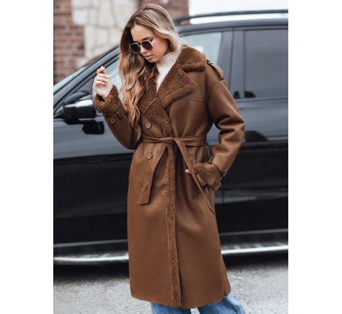 Dámský zimní kabát dlouhý hnědý kožený Dstreet model 21990801 - FashionStreet