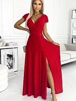 411-2 CRYSTAL lesklé dlouhé šaty s výstřihem - ČERVENÉ