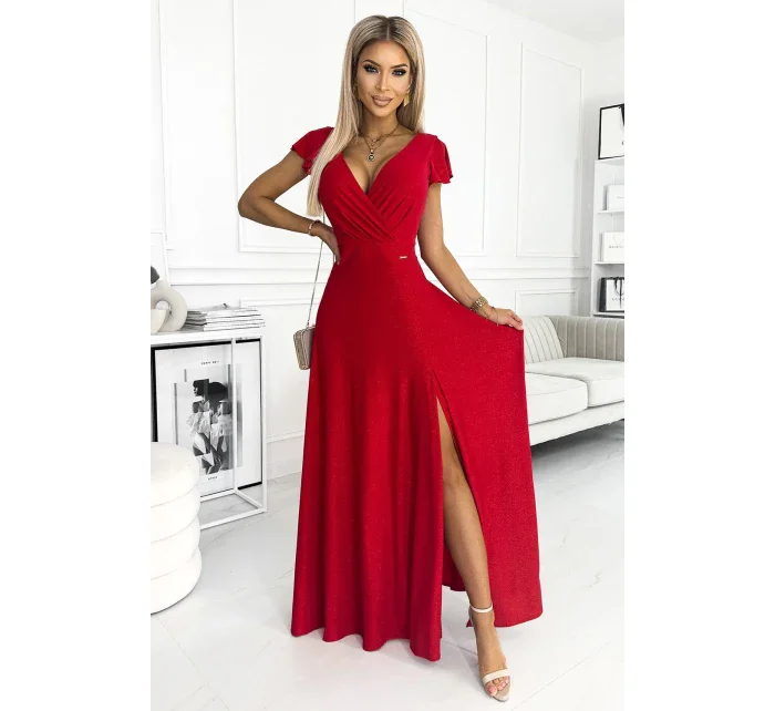 411-2 CRYSTAL lesklé dlouhé šaty s výstřihem - ČERVENÉ