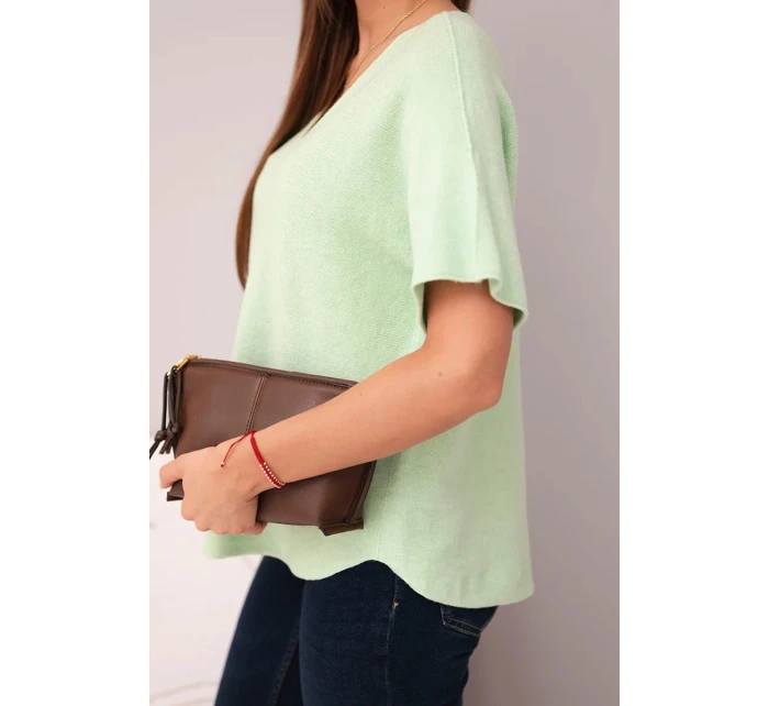 Dámská svetr s krátkým rukávem a výstřihem do V mátová