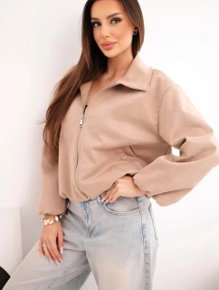 Dámská bunda se zipem a balónovými rukávy camelová