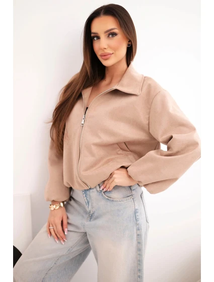 Dámská bunda se zipem a balónovými rukávy camelová