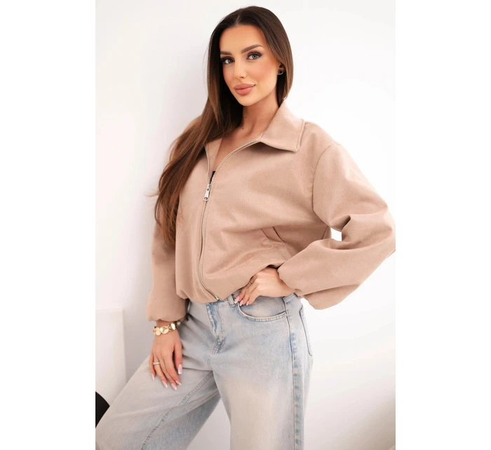 Dámská bunda se zipem a balónovými rukávy camelová