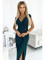 451-1 Třpytivé šaty s krátkými rukávy, výstřihem a rozparkem na nohou - BUTTER GREEN