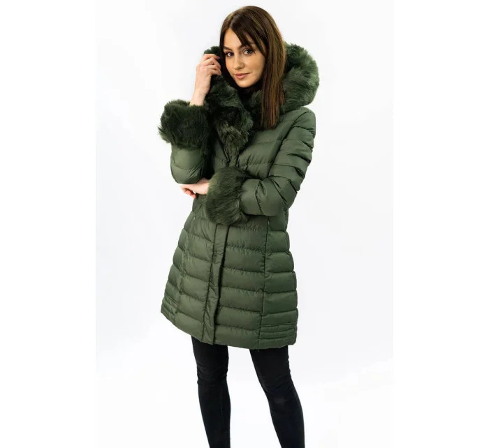 Prošívaná dámská zimní bunda v khaki barvě s kapucí (w750-1)