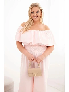 Dámský overal Plus Size s odhalenými rameny, s volánem a širokými nohavicemi pudrově růžová