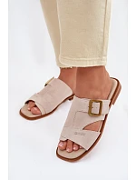 Semišové dámské nazouváky na plochém podpatku s přezkou Big Star TT274476 Béžové