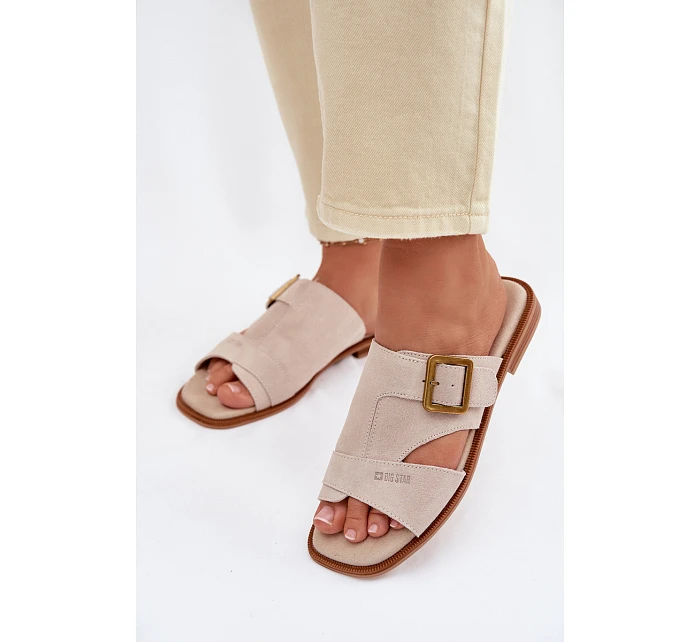 Semišové dámské nazouváky na plochém podpatku s přezkou Big Star TT274476 Béžové