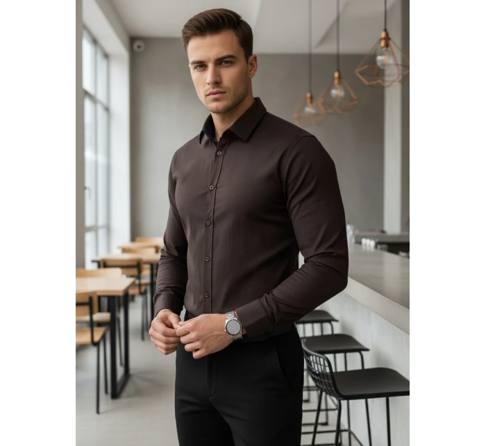 Pánská elegantní hladká tmavě hnědá košile SLIM FIT FashionStreet DX2682