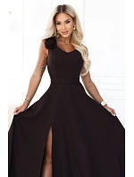 Elegantní večerní maxi šaty s rozparkem a růžemi – hnědé model 22358777 - numoco