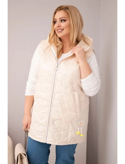 Dámská vesta Plus Size s kapucí a květinovým prošíváním světle béžová