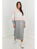 Tříbarevné šaty s kapucí pudrově růžová + ecru + šedá