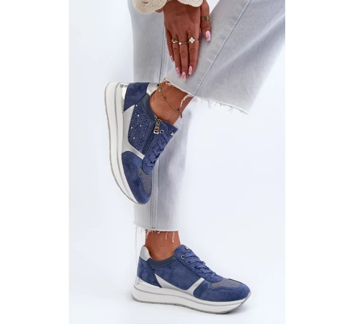 Dámské tenisky na platformě s prolamovaným vzorem a třpytkami INBLU Modrá Dámské tenisky na platformě s prolamovaným vzorem a třpytkami INBLU Modrá