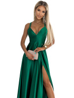 LUNA - Elegantní dlouhé dámské saténové šaty v lahvově zelené barvě s výstřihem a překříženými ramínky 513-1