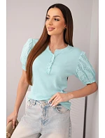 Dámská bavlněná žebrovaná halenka s nabíraným rukávem a knoflíky tmavě mátová