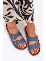 Dámské pantofle na korkové platformě s přezkami – tmavý denim