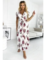 Plisované midi šaty s výstřihem a volánky ecru + vínové květy model 21097879 - numoco basic