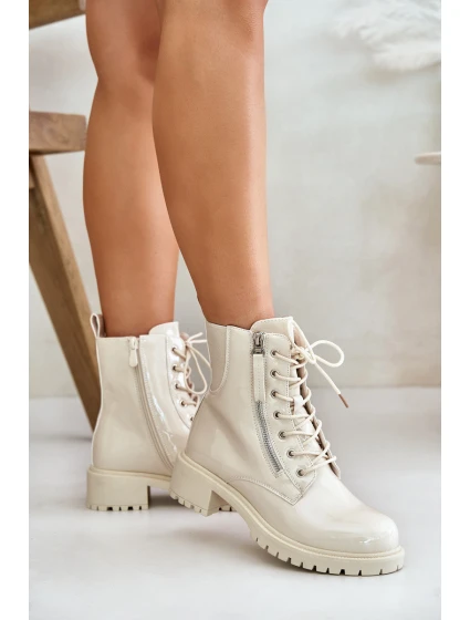 Lakované boty workerky na zip zateplené béžové Ravanthia Lakované boty workerky na zip zateplené béžové Ravanthia