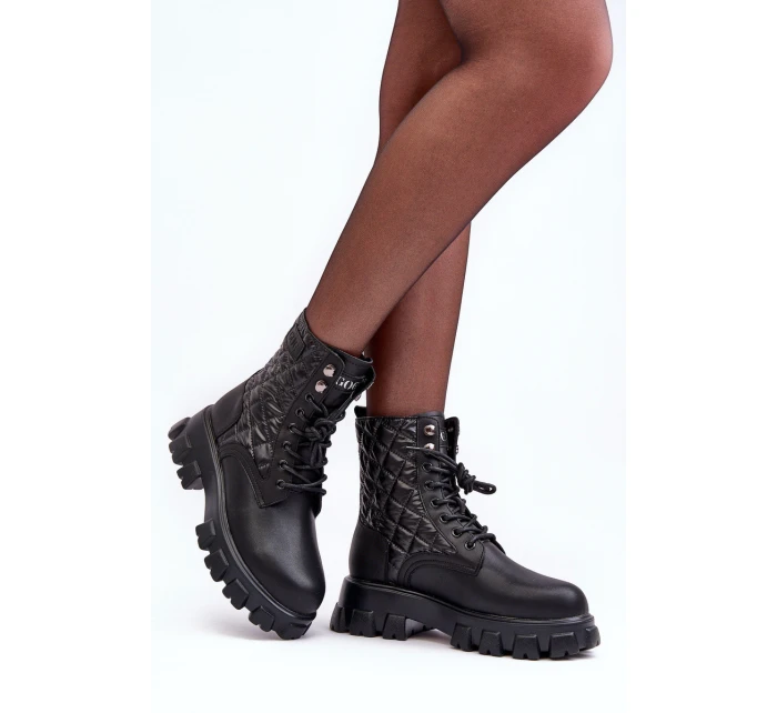 Kůže Botky Workery Na Ploché Podpatku model 21634377 Černé - Goe